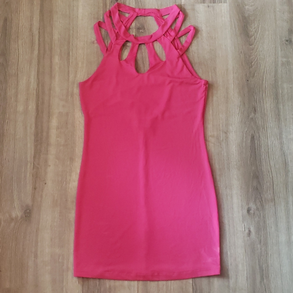 Pink mini dress with high neck/low back size med